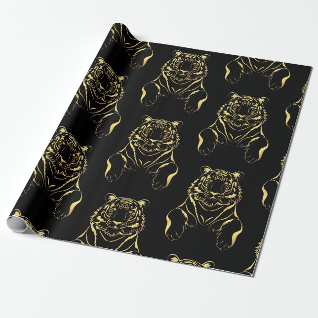 Papel De Regalo Tigre negro con rayas de oro (Desenrollado)