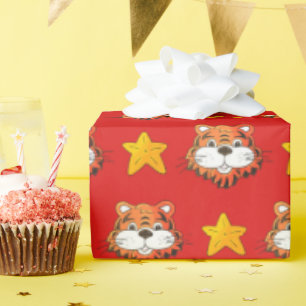 Papel De Regalo Tigre sonriente y patrón estrella dorada