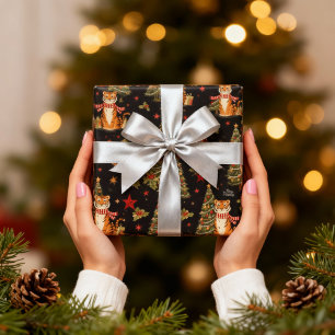 Papel De Regalo Tigre vintage de Navidad con árbol de Navidad negr