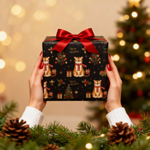 Papel De Regalo Tigre vintage de Navidad con árbol negro