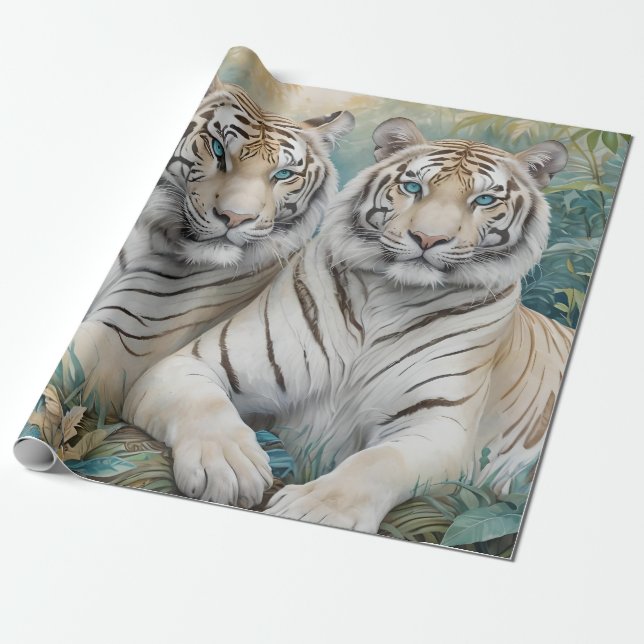 Papel De Regalo Tigres dorados pálidos en una selva verde azul (Desenrollado)