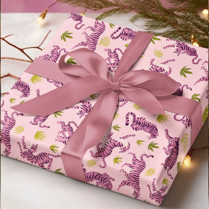 Papel De Regalo Tigres rosados y hojas tropicales abstractas anima