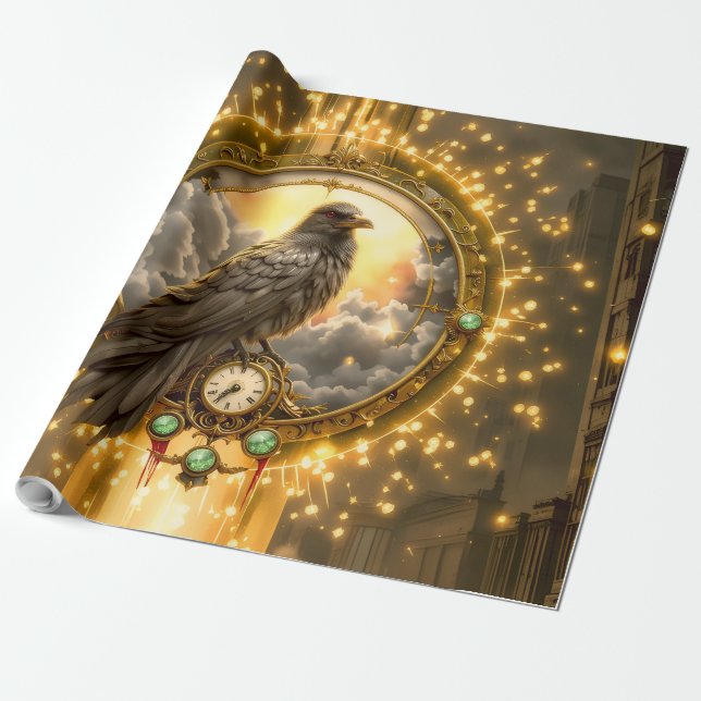 Papel De Regalo Timekeeper Raven – Gothic Clockwork  (Desenrollado)