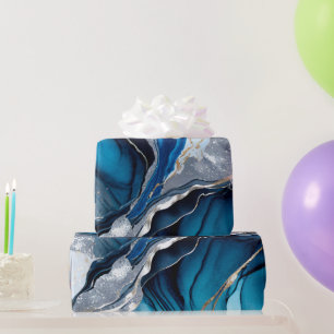 Papel De Regalo Tinta al alcohol de acuarela azul profundo, plata 
