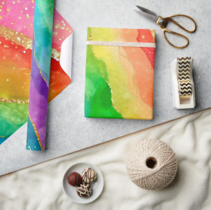Papel De Regalo Tinta al alcohol de arcoíris en acuarela y brillo 