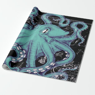 Papel De Regalo Tinta de mapa Verde azulado octopus
