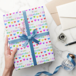 Papel De Regalo Tipografía Colorida de Corazones y Feliz Cumpleaño