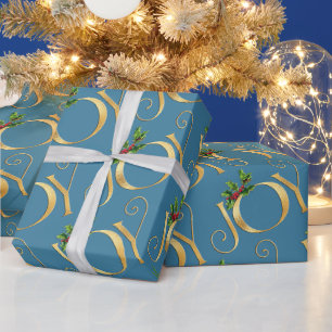 Papel De Regalo Tipografía de Alegría de Oro Azul Navidades simp