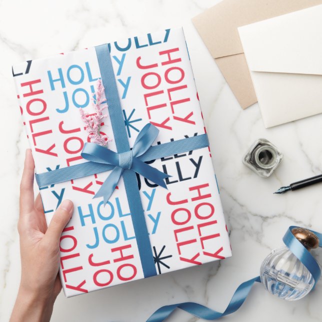 Papel De Regalo Tipografía de Jolly Holly Navidades blancos azules (Regalar)
