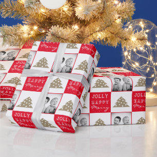 Papel De Regalo Tipografía Navideña Árbol de Navidad Rojo Festivo 