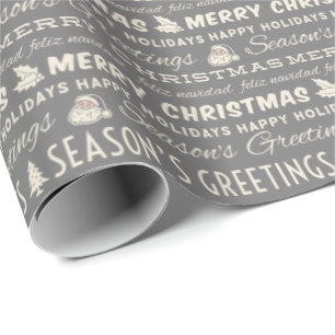 Papel De Regalo Tipografía retro de la navidad gris y blanca