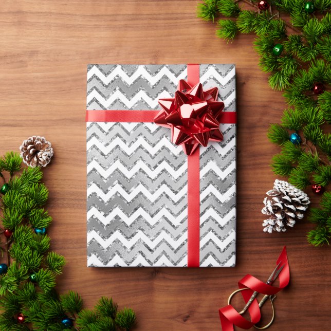 Papel De Regalo Tiras de Zigzag Blanco Glam Silver (Regalo de vacaciones)