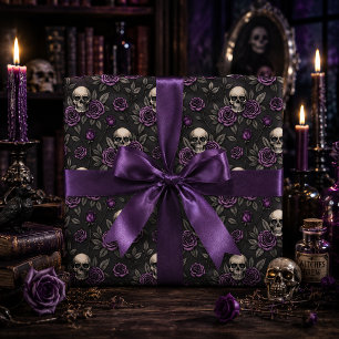 Papel De Regalo Título  Calavera gótica y rosas púrpuras Floral os