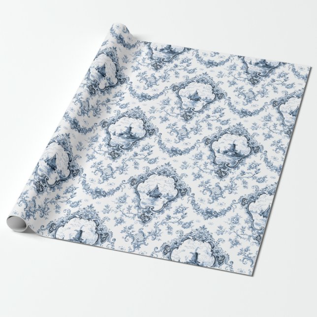 Papel De Regalo Toalla floral grabada con molino de viento y botes (Desenrollado)
