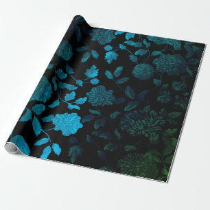Papel De Regalo Toalla floral moderna de color negro Aqua Blue Omb
