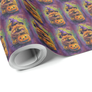 Papel De Regalo Tocante Chow Chow Perro Halloween Bruja Y Calabaza
