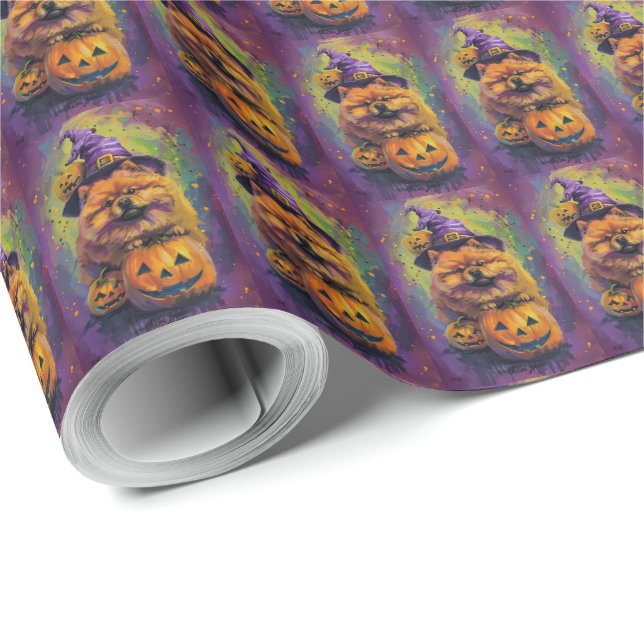 Papel De Regalo Tocante Chow Chow Perro Halloween Bruja Y Calabaza (Esquina del rollo)