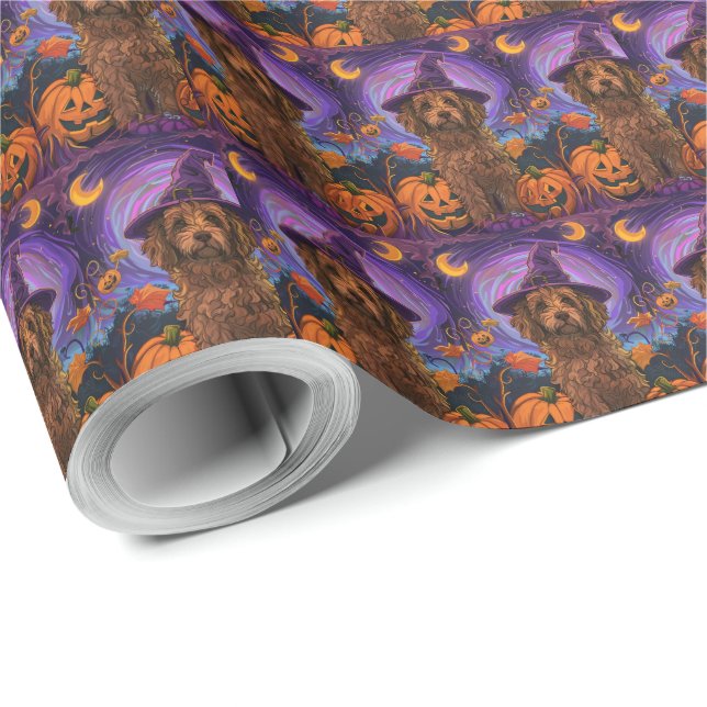 Papel De Regalo Tocante Goldendoodle Perro Halloween Calabaza de B (Esquina del rollo)