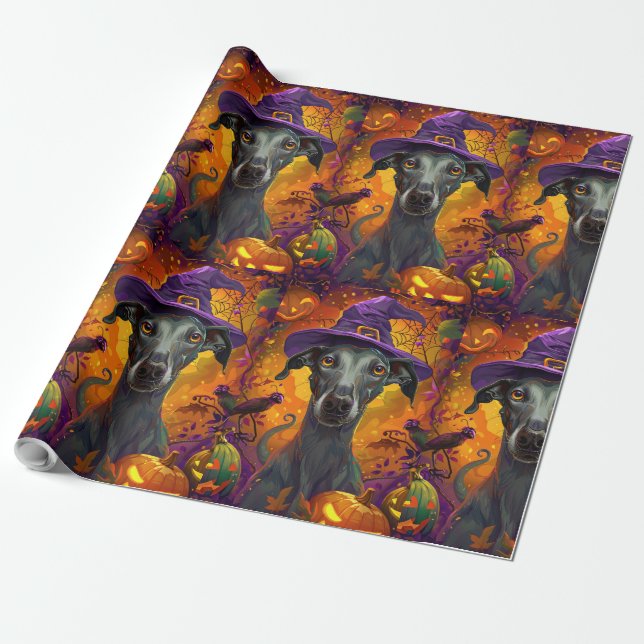 Papel De Regalo Tocante Perro Greyhound Halloween Bruja Y Calabaza (Desenrollado)