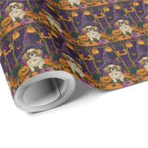 Papel De Regalo Tocante Perro Pekingés Bruja Halloween Y Calabaza
