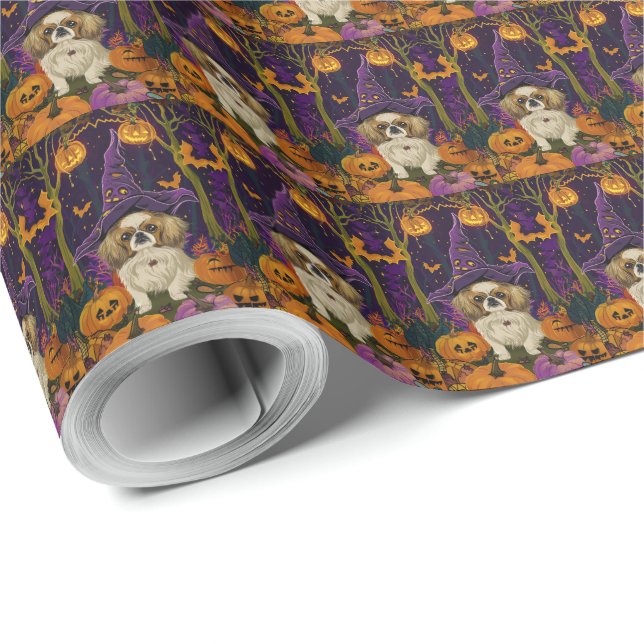 Papel De Regalo Tocante Perro Pekingés Bruja Halloween Y Calabaza (Esquina del rollo)