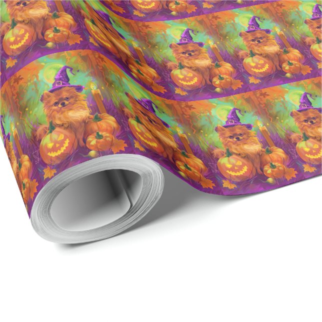 Papel De Regalo Tocante Perro Pomeraniano Halloween Bruja Y Calaba (Esquina del rollo)