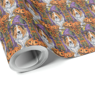 Papel De Regalo Tocante Rough Collie Dog Halloween Bruja Calabaza
