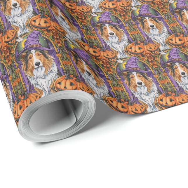 Papel De Regalo Tocante Rough Collie Dog Halloween Bruja Calabaza (Esquina del rollo)