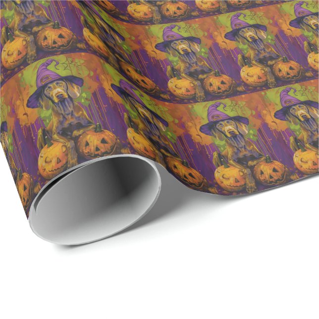 Papel De Regalo Tocante Weimaraner Perro Halloween Bruja Y Calabaz (Esquina del rollo)