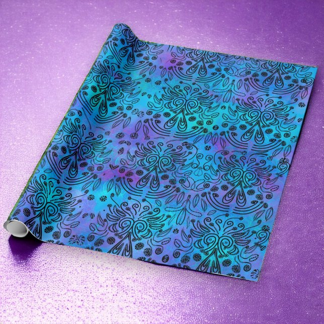 Papel De Regalo Todas las ocasiones azul morado exótico (All Occasion Purple and Blue Gift Wrap by artist © Cathy Thompson.)