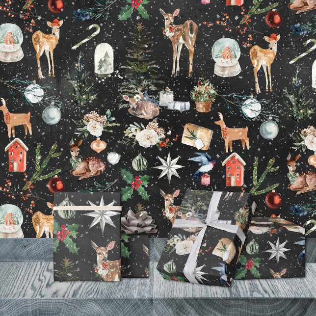 Papel De Regalo Todo Navidad reno Holly Stars Black (Everything Christmas Reindeer Holly Stars Black Holiday Gift Wrapping Paper Rolls)