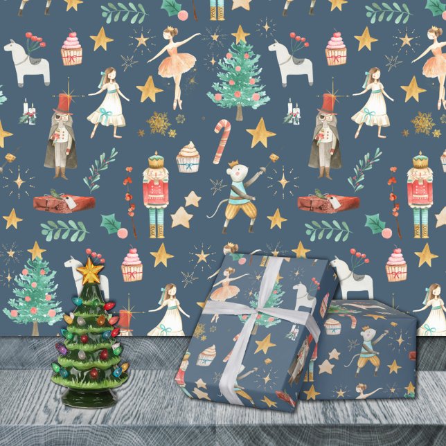 Papel De Regalo Todo Navidades de desnudos azul oscuro (Everything Nutcracker Christmas Dusk Blue Holiday Gift Wrapping Paper Rolls. Available in 6 colours.)