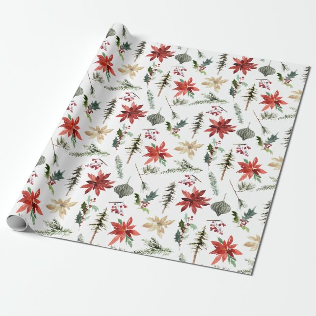 Papel De Regalo Todo Poinsettias Holly & Pine (Desenrollado)