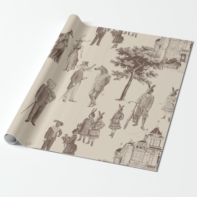 Papel De Regalo toile beige marrón de animales victorianos antiguo (Desenrollado)