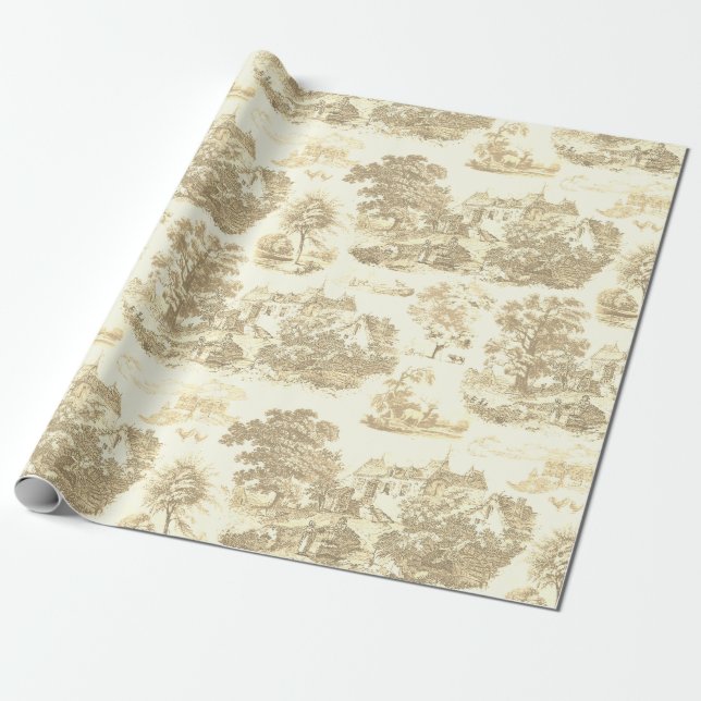 Papel De Regalo Toile Chateau Francés Chateau clásico de Oro Beige (Desenrollado)