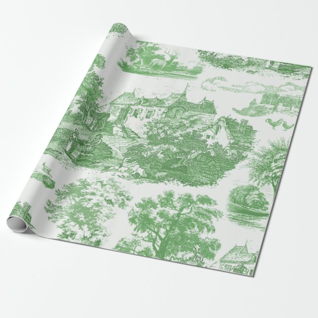Papel De Regalo Toile Chateau Francés clásico de la época verde (Desenrollado)