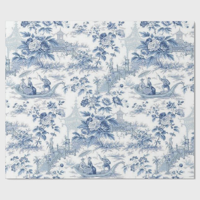 Papel De Regalo Toile Chinoiserie azul en polvo (Superficie plana)