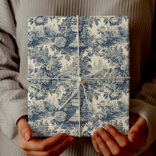Papel De Regalo Toile de Jouy Floral Azul Chic Vintage