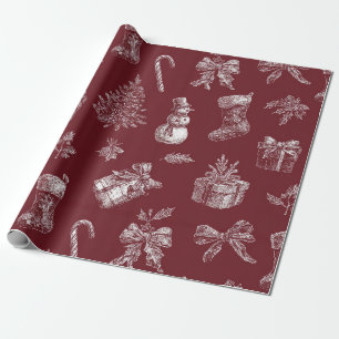 Papel De Regalo Toile de Navidad Vintage Carmesí Rojo Blanco Fiest