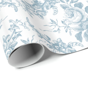 Papel De Regalo Toile floral azul y blanco grabado elegante