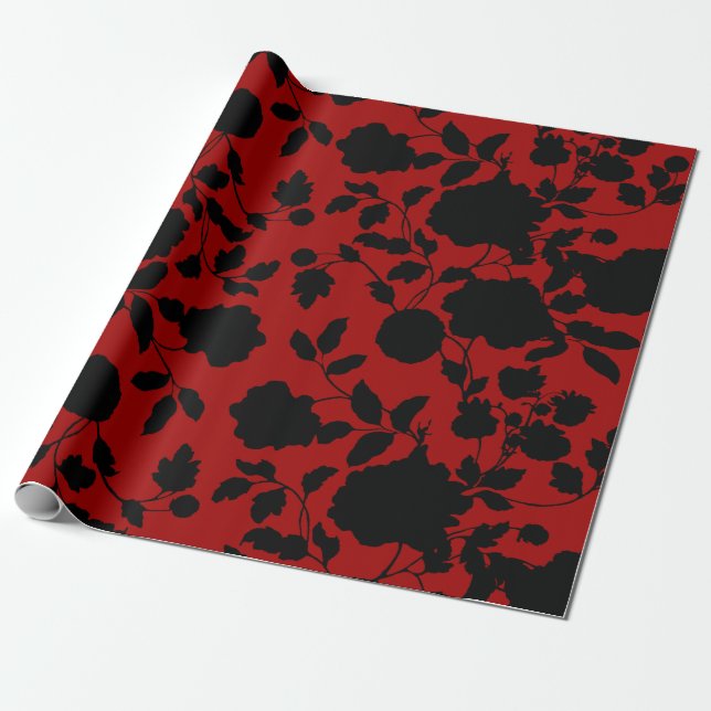 Papel De Regalo Toile Floral Negro Sobre Rojo (Desenrollado)