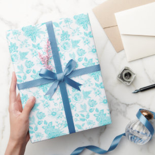Papel De Regalo Toile floral verde azulado