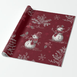 Papel De Regalo Toile Navideño Botánico Rojo Vintage - Muñeco de N