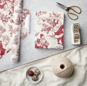 Papel De Regalo Toile Navideño Rojo Santa y Árboles