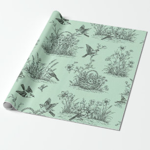 Papel De Regalo Toile pastoral verde menta con pájaros y flores