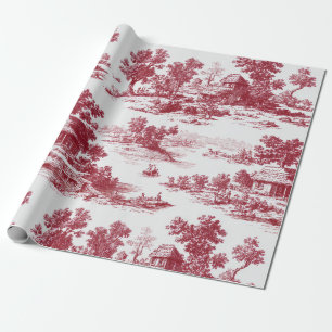 Papel De Regalo Toile Rojo Francés Atemporal con Pueblo Escénico