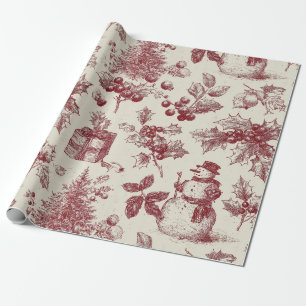 Papel De Regalo Toile Rojo Vintage de Navidad Botánico - Acebo