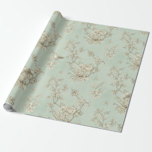 Papel De Regalo Toile verde menta francés país Aves y Floral