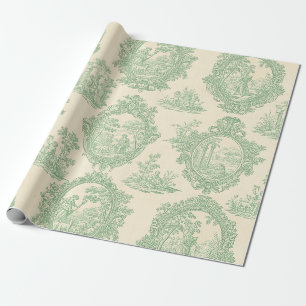 Papel De Regalo Toile Verde Menta Vintage Parejas y Escena de Jard