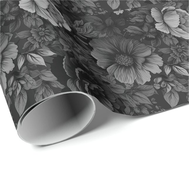 Papel De Regalo Tonos apagados de estampado floral gris (Esquina del rollo)